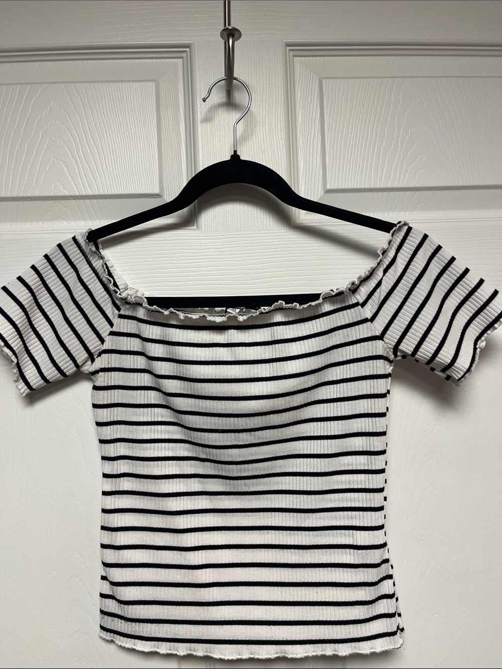HYFVE Black and White Striped Off-Shoulder Crop Top